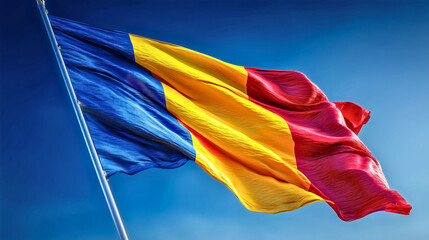The Romanian flag, the flag of the country of Romania with national colors, is a classic Romanian flag waving in the wind.
