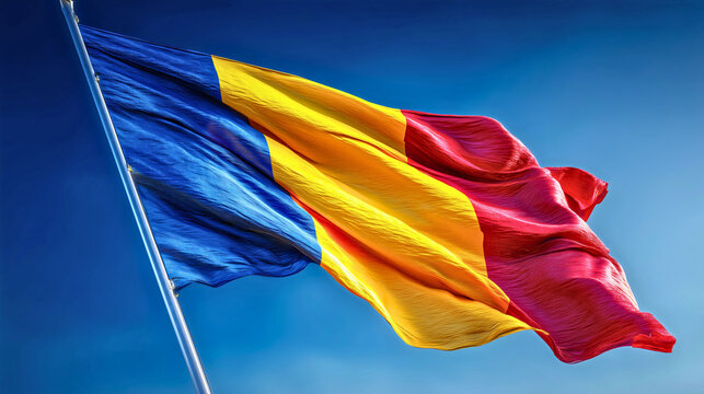 The Romanian flag, the flag of the country of Romania with national colors, is a classic Romanian flag waving in the wind.
