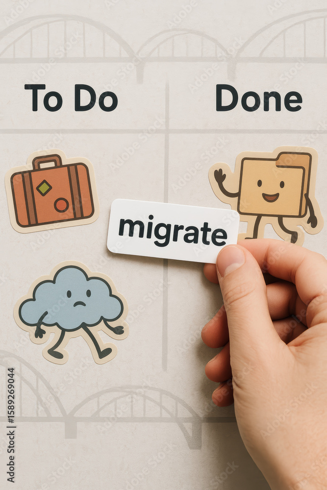 Poster a moves a task labeled migrate across a digital board symbolizing progress and workflow management i