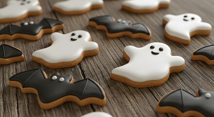 Close-up of decorative Halloween cookies shaped like ghosts and bats on rustic wood table.