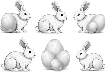 Obraz premium Abstract Vector of 6 White Rabbits and Soft Feather Textured Eggs, Cute and Artistic Design