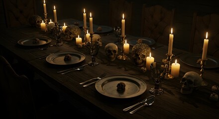 Editorial scene of a spooky dinner setup with dark plates, candles, and skull decor