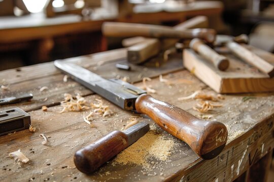 Traditional carpenter tools lying on workbench covered with sawdust in workshop
