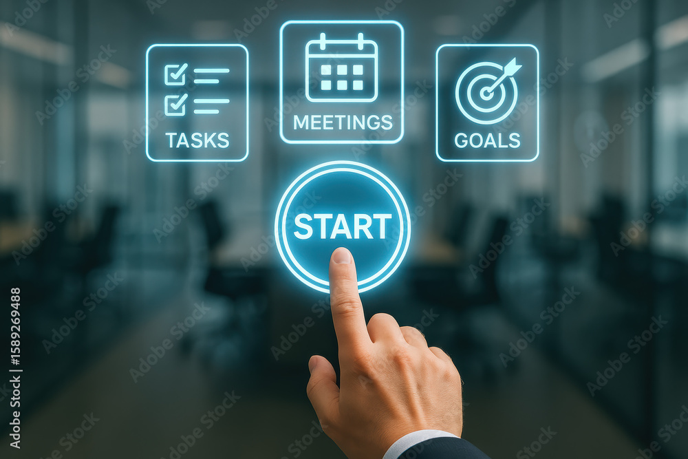 Poster initiating a digital workflow by activating a start control symbolizes progress in organizing tasks 