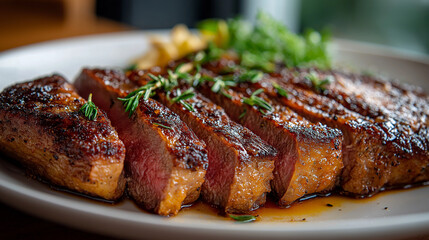 Steak Slices on Dish: Sliced steak presented on a white plate with green garnish, boasting a mouthwatering sear and juicy pink center, promising a culinary delight.