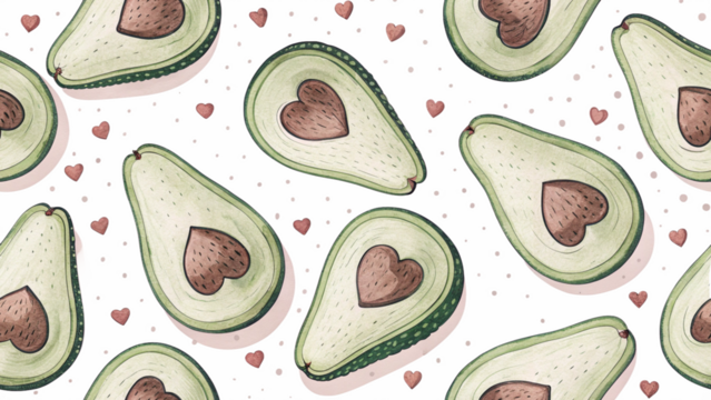 Avocado heart pattern background design for valentine's day love and healthy food themed projects
