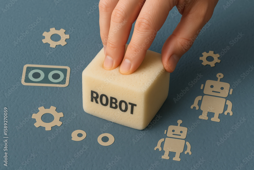 Aufkleber a concept innovation and automation is represented by pressing a foam cube labeled robot surrounded 