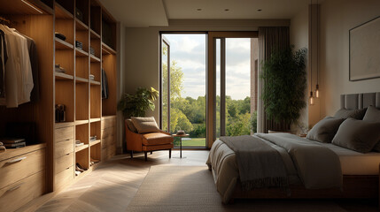 Modern Bedroom Oasis: A bright, modern bedroom suite with an open view of the natural environment. The well-designed space features a large wardrobe, a cozy bed, a seating area and beautiful views
