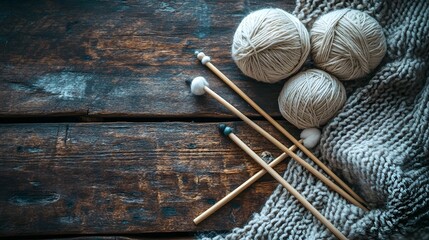 Three balls of soft yarn and knitting needles resting on a textured knitted blanket, all displayed on a rustic dark wooden surface creating a cozy craft scene.