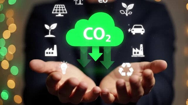 CO2 Reduction Concept Man Holding Green Cloud Icon with Renewable Energy Symbols, Clean Energy and Environmental Protection in Hands