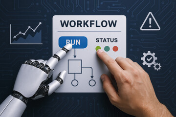 Collaboration between human and automated systems optimizes workflow efficiency by monitoring status indicators and executing tasks within a digital interface