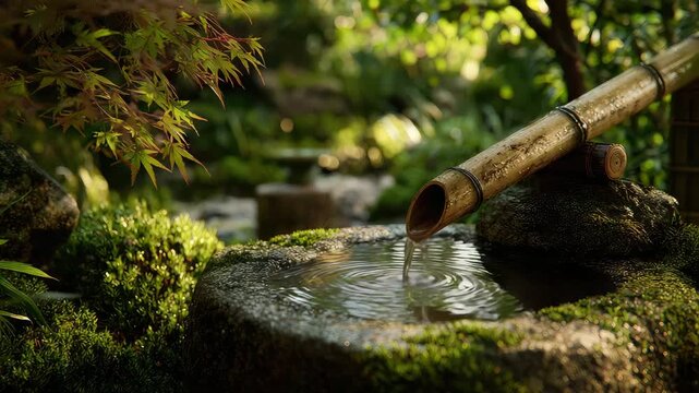  Shishi-Odoshi, Traditional Japanese Shishi-odoshi Bamboo Water Fountain in a Zen Garden
