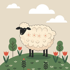 Cute sheep standing on grassy hill with flowers and clouds  