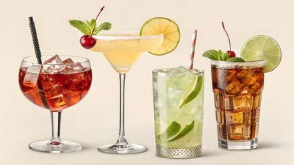 Four Distinct Summer Cocktails with Garnishes Including Mint, Lime, Cherry, and Citrus in Decorative Glassware