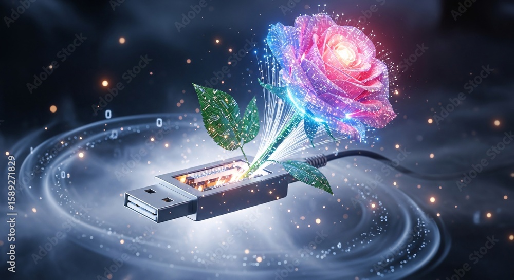 Poster digital rose with circuit board leaves emerges from a usb drive amidst data streams and glowing part