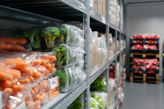 Fresh Vegetables in Storage Cool Room With Organized Shelves and Packaging