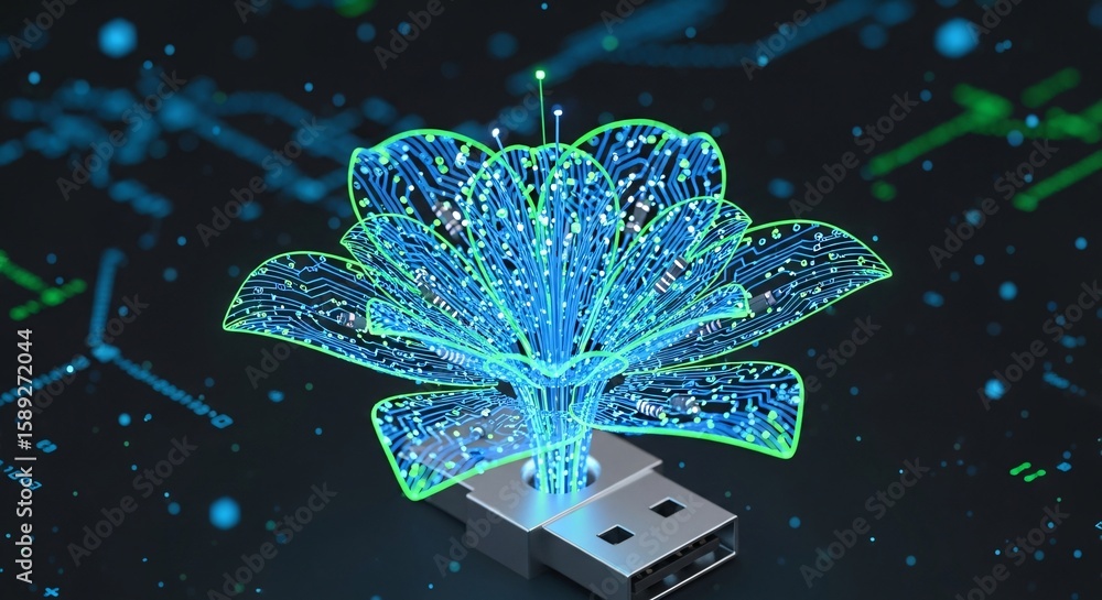 Poster digital circuit board flower growing from a usb flash drive with glowing data streams in the backgro