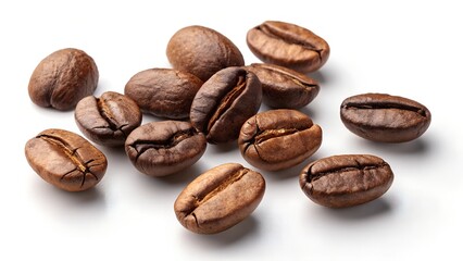 Naklejka premium Scattered Roasted Coffee Beans on White Background Showcasing Natural Texture and Rich Brown Tones