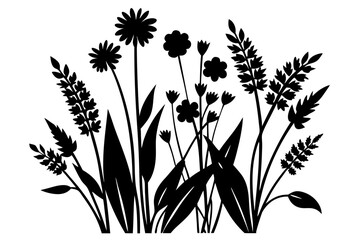 Vector art of silhouette of grass and flowers