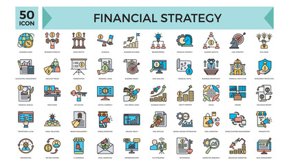 Comprehensive collection of 50 financial strategy-themed icons, ideal for illustrating business plans, economic concepts, and organizational strategies. Perfect for use in reports, infographics, and m