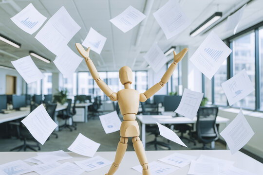 Achievement is expressed as a wooden figure throws reports skyward symbolizing success amid a dynamic office setting