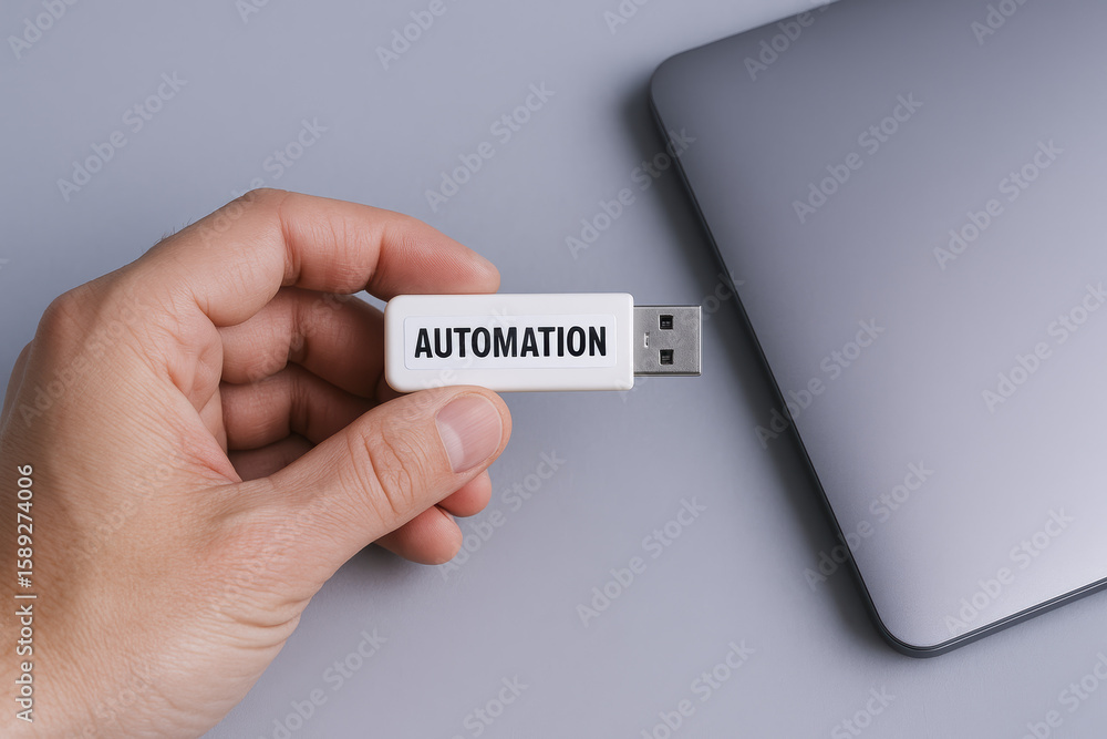 Poster a concept innovation and efficiency is represented by a connecting a usb drive labeled automation ne