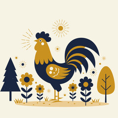 Colorful rooster standing among flowers and trees in a garden  
