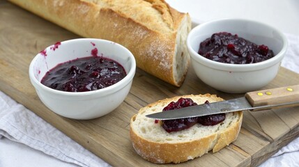 Freshly baked baguette with homemade berry jam and a spreading knife