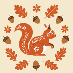 Cute squirrel with floral patterns surrounded by leaves and acorns  