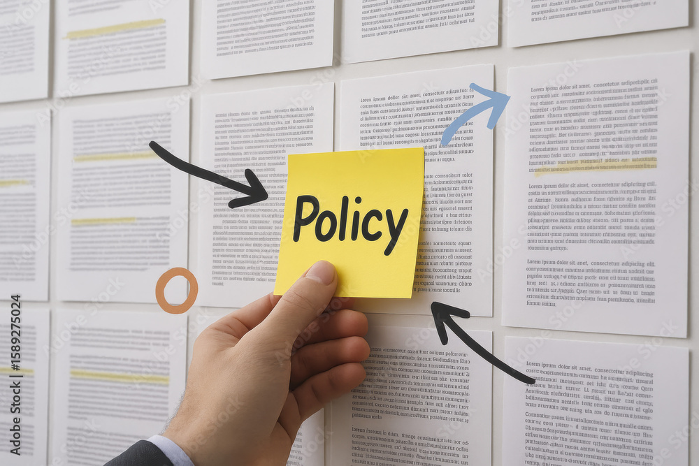 Aufkleber a places a sticky note labeled with a key document term onto a wall covered with highlighted notes a