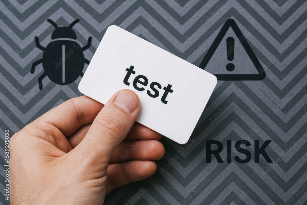 Poster a holding a card labeled test symbolizes the assessment risk and detection bugs as part quality assu