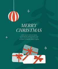 Merry Christmas greeting card with сhristmas tree, decoration ball and gift boxes decorated red bow. Holiday postcard template on green background. Art web banner, poster, cover. Vector illustration