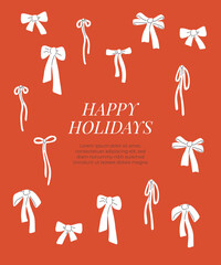 Merry Christmas or new year greeting card with white bow pattern on red background and text Happy holidays. Template corporate festive postcard. Art banner, design element, poster. Vector illustration