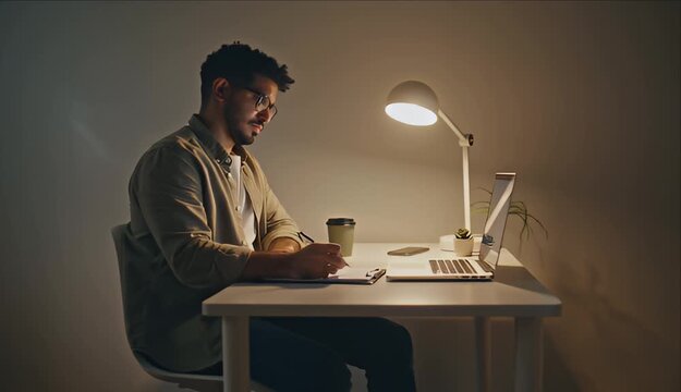 A focused individual. The person is actively working on a laptop.
