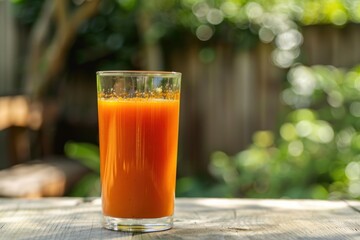 Fototapeta premium Glass of vibrant carrot juice rests on a rustic wooden table, bathed in the sunlight of a verdant garden