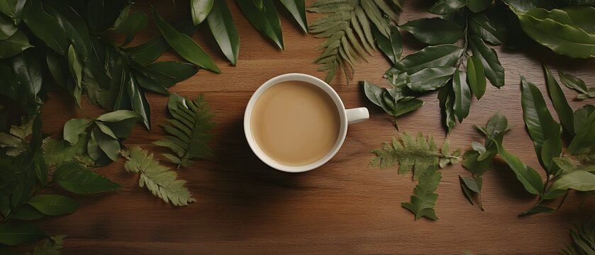 Serene Coffee Break, Coffee Cup Surrounded by Lush Greenery on Wooden Table