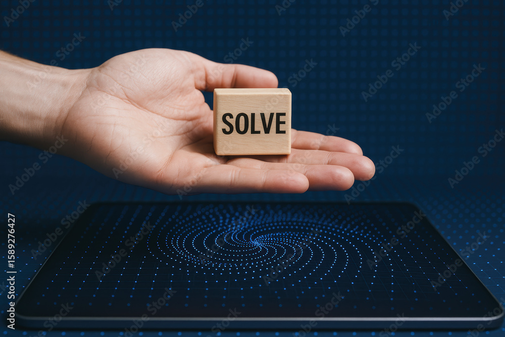 Poster a presenting a wooden block labeled solution symbolizes strategic problem-solving and analysis in a 