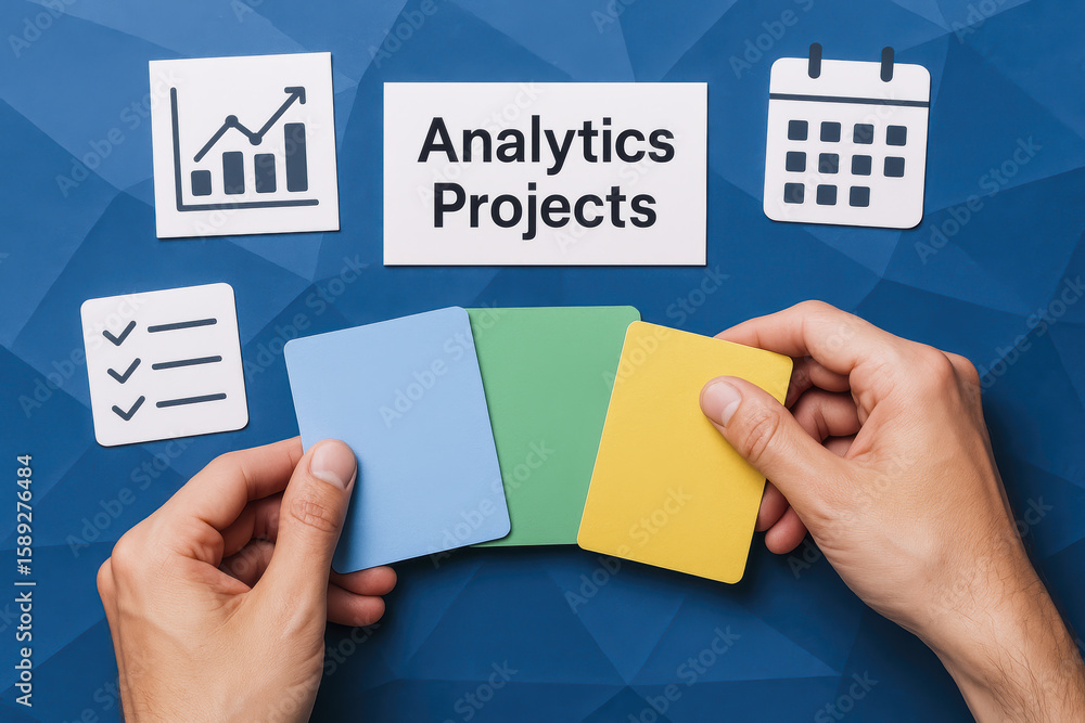 Poster organizing tasks with color-coded cards supports efficient planning and tracking analytics projects 