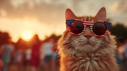 Detailed Closeup of Ginger Cat in Flag Sunglasses at Party	