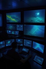 A dark room filled with multiple screens displaying underwater exploration footage. A person is seated at a desk, analyzing data from deep-sea dives.