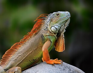 Obraz premium vivid green iguana with orange accents is standing proudly on a smooth gray rock