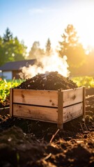 Obraz premium Steaming Compost Heap in Wooden Bin on a Cool Morning in a Sunny Garden with Soft Focus Background