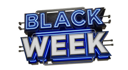 Illuminated black week sign with blue neon glow on a black background