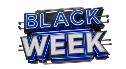 Illuminated black week sign with blue neon glow on a black background
