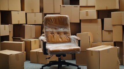 Wrapped office chair amidst stacked cardboard boxes.