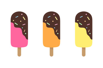 Set of Colorful Ice Cream Popsicles with Sprinkles Isolated on White Background. Summer Sweet Treat Collection. Vector Illustration