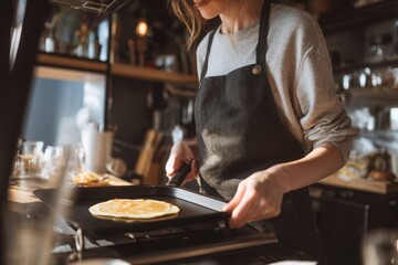 Woman cooking pancakes in a cozy kitchen with warm lighting, showcasing culinary skills