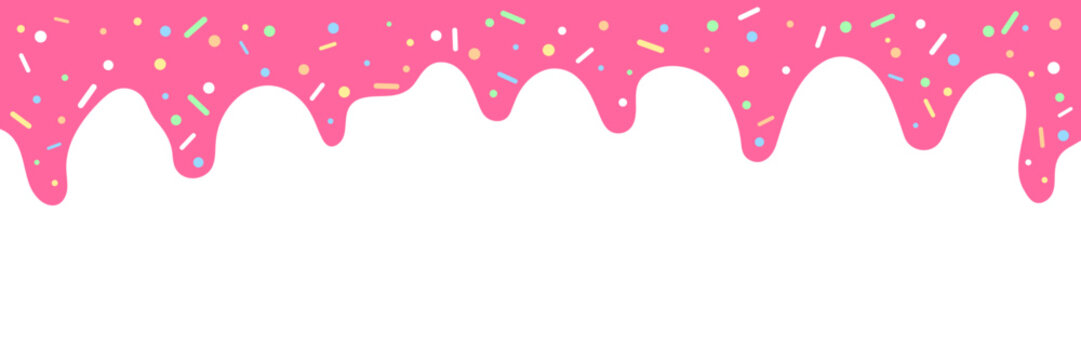 Sweet Pink Dripping Icing with Colorful Sprinkles. Abstract Dessert Background. Vector Illustration