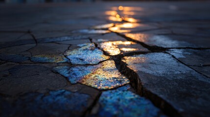 Close-up of cracked, colorful pavement illuminated by soft, golden light reflecting on the surface during twilight or early evening.