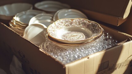 Packaged delicate porcelain plates and bowls in a cardboard box with bubble wrap for safe moving or storage.